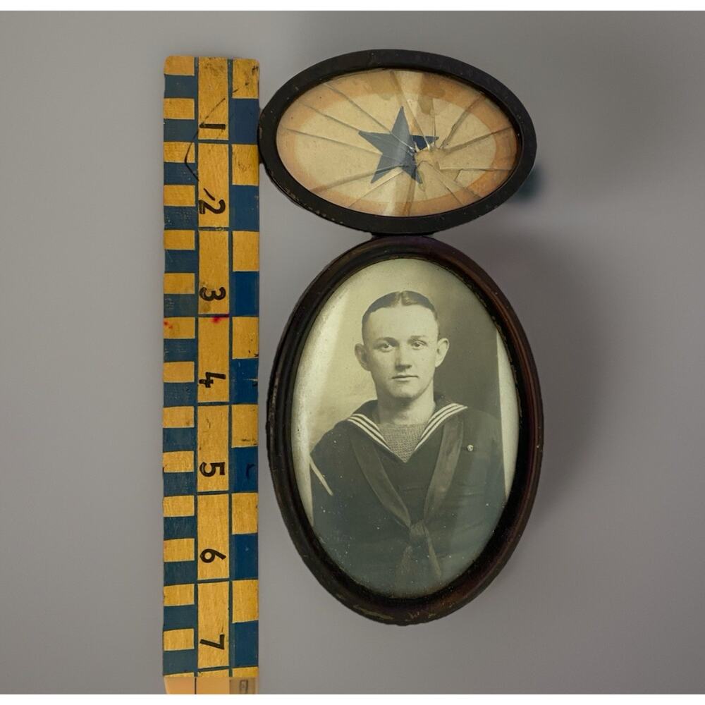 Antique Early 20th Century Sailor Postcard Framed with Star Unique Piece 6.5"T